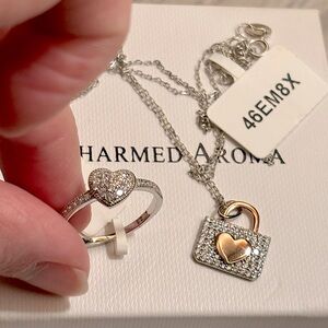 CA-Sterling Silver 925,18k Plated Rose Gold w/CZ Heart Necklace&Ring Size 7-Set